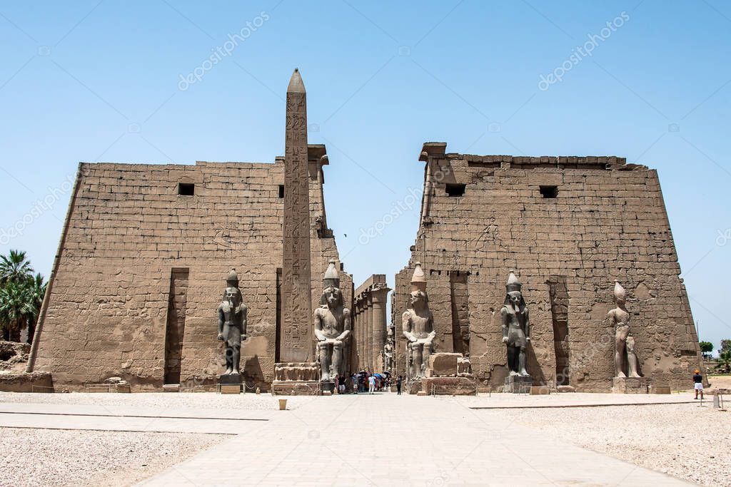Statues in front of Entrance to Luxor Temple, Ancient Egyptian temple complex east bank Nile River ancient Thebes