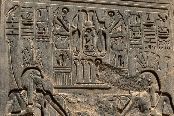 Amun-Ra Luxor Tapınağı'nda bir taş duvara oyulmuş antik hiyeroglifler ve kabartma gravürler - Stok İmaj