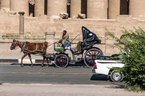 Luxor Egitto 23.05.2018 Tourist Caleche carrozza da cavallo fuori dal tempio di Luxor sullo sfondo — Foto Stock
