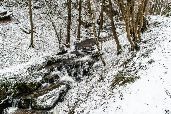 ドイツの山々の冬の風景、雪の森、雪の木、冬の小川、滝、ブロデンバッハ近くの自然 — ストック写真