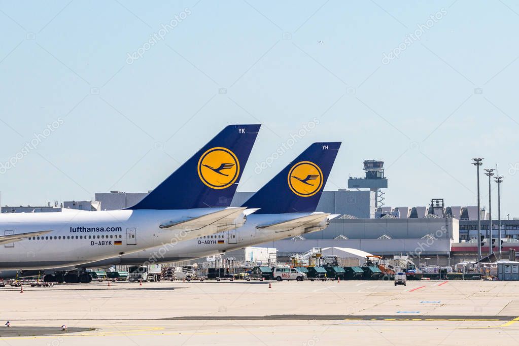 Frankfurt Germany 11.08.19 Lufthansa Airbus twin-engine jet airliner standing at the fraport airport waiting for flight.