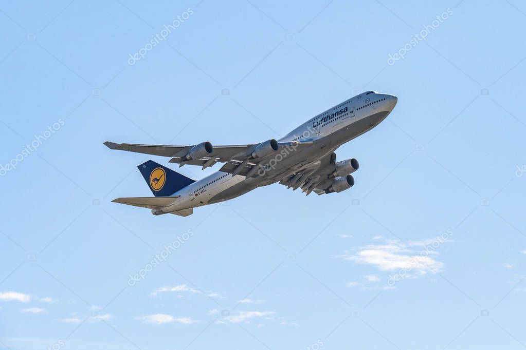 Frankfurt Germany 11.08.19 Lufthansa Boeing 747 Jumbo Jet 4-engine jet airliner starting at the fraport airport takeoff.