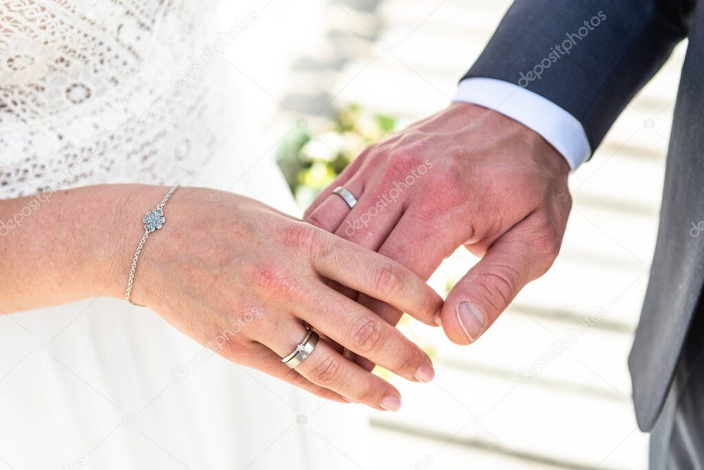 hands groom and bride with wedding rings celebration