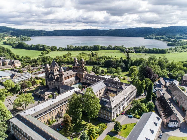 Aerial view on Laacher See behind the famous abbey Maria Laach in Rhineland-Palatinate, Germany