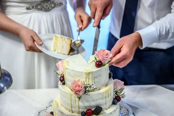 Casamento de noivas e noivas Cortando o delicioso bolo de casamento frutado juntos frutas coloridas — Fotografia de Stock