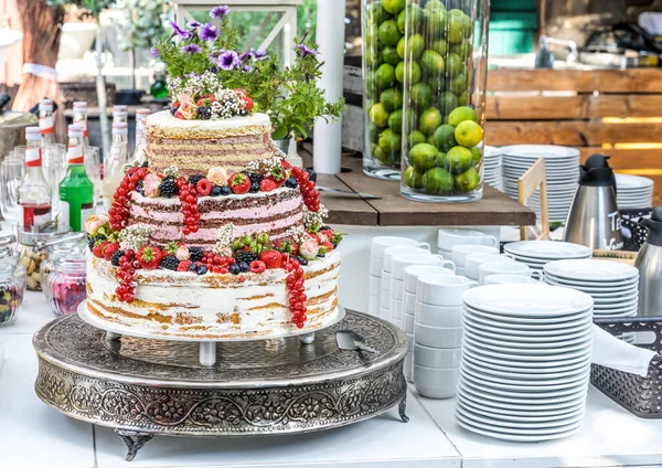Beautiful delicious Wedding cake in many tiers with fresh wild berries and fruits — Stock Photo, Image