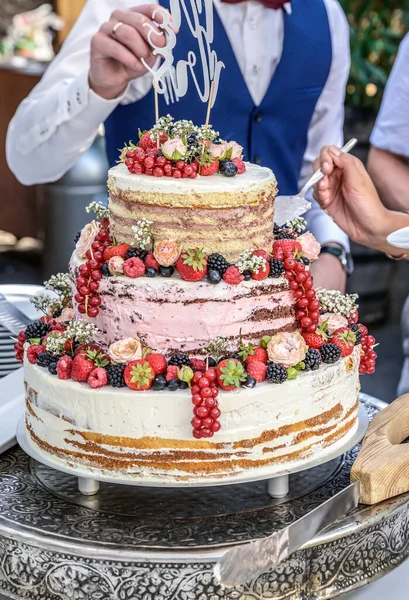 Hermoso delicioso pastel de boda en muchos niveles con frutas y bayas silvestres frescas — Foto de Stock