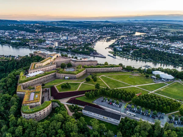 Aerial View of Ehrenbreitstein fortress and Koblenz City in Germany during sunset — Stock Photo, Image