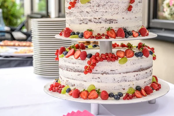 Hermoso delicioso pastel de boda en muchos niveles con frutas y bayas silvestres frescas — Foto de Stock