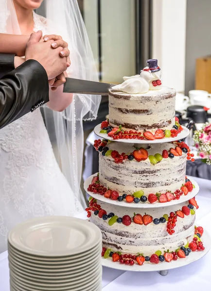 Groom and bride marriage Cutting the delicious fruity Wedding Cake together colorful fruits — Stock Photo, Image