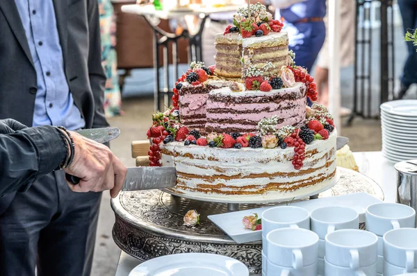 Beautiful delicious Wedding cake in many tiers with fresh wild berries and fruits — Stock Photo, Image