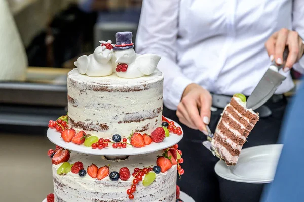 Beautiful delicious Wedding cake in many tiers with fresh wild berries and fruits — Stock Photo, Image