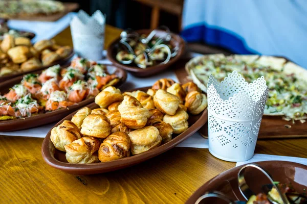 Party Brunch Fingerfood big Buffet table setting with Food Meat Vegetables — Stock Photo, Image