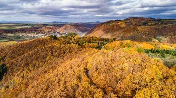 Piękny pomarańczowy i czerwony jesienny las, wiele drzew na pomarańczowych wzgórzach niemiecki Nadrenia Palantino — Zdjęcie stockowe