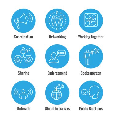 Sözcüsü Icon set w megafon, koordinasyon, halkla ilişkiler, halkla ilişkiler kişi set