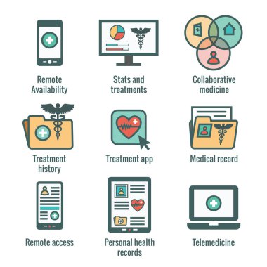 Teletıp ve sağlık kayıtları Icon Set w Caduceus, dosya klasörler, bilgisayar, vb