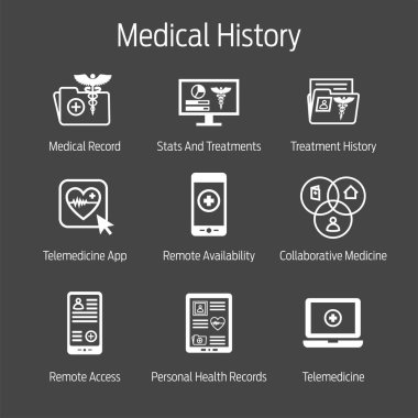 Teletıp ve sağlık kayıtları Icon Set w Caduceus, dosya klasörler, bilgisayar, vb