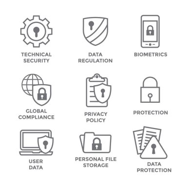 Gdpr ve Gizlilik ilkesi Icon Set kilitleri, asma kilitler ve kalkanlar