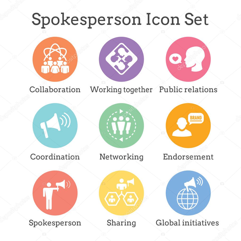 Spokesperson icon set w bullhorn, coordination, pr, public relations person set