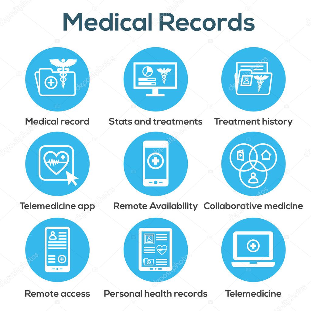 Telemedicine and Health Records Icon Set w Caduceus, file folders, computers, etc
