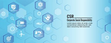 CSR - Icon Set w dürüstlük, bütünlük, işbirliği, vb ile kurumsal sosyal sorumluluk web banner 