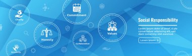  Sosyal sorumluluk Web Banner Icon Set ve Web Header Banner ile dürüstlük, bütünlük, işbirliği, vb 