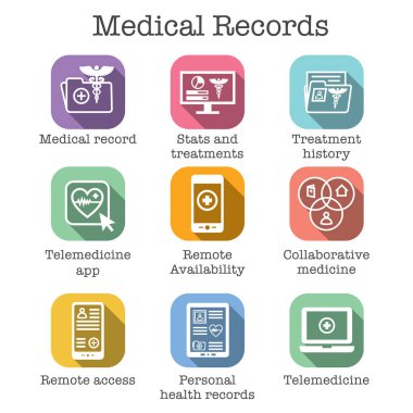 Teletıp ve sağlık kayıtları Icon Set w Caduceus, dosya klasörler, bilgisayar, vb