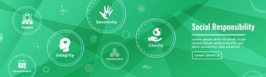  Sosyal sorumluluk Web Banner Icon Set ve Web Header Banner ile dürüstlük, bütünlük, işbirliği, vb 