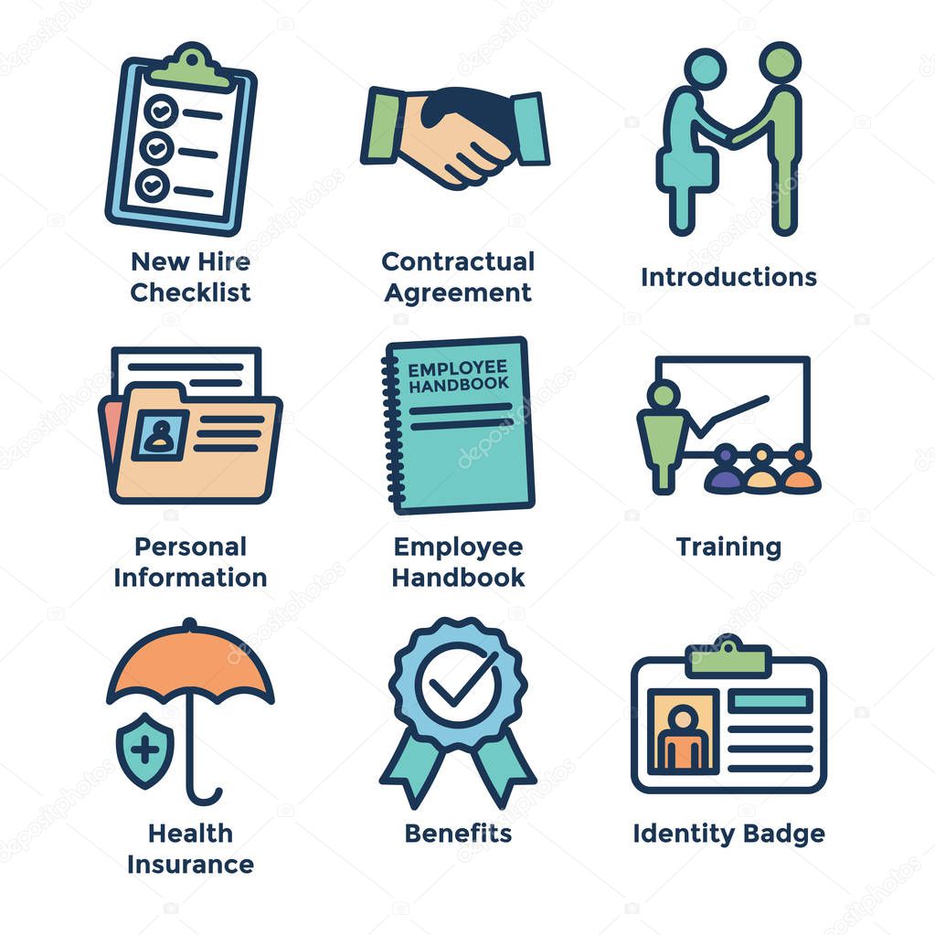 New Employee Hiring Process icon set   with checklist, handshake, training, etc