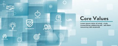 Çekirdek değerler anahat simgesini kişi ve birlikte çalışan / düşünce fikirleri web banner başlığı ile