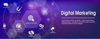 Dijital gelen pazarlama Web Banner w vektör simgeler Cta, büyüme, Seo, vb