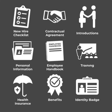 Yeni çalışan işe alma süreci simgesi Ayarla denetim listesi, el sıkışma, eğitim, vb
