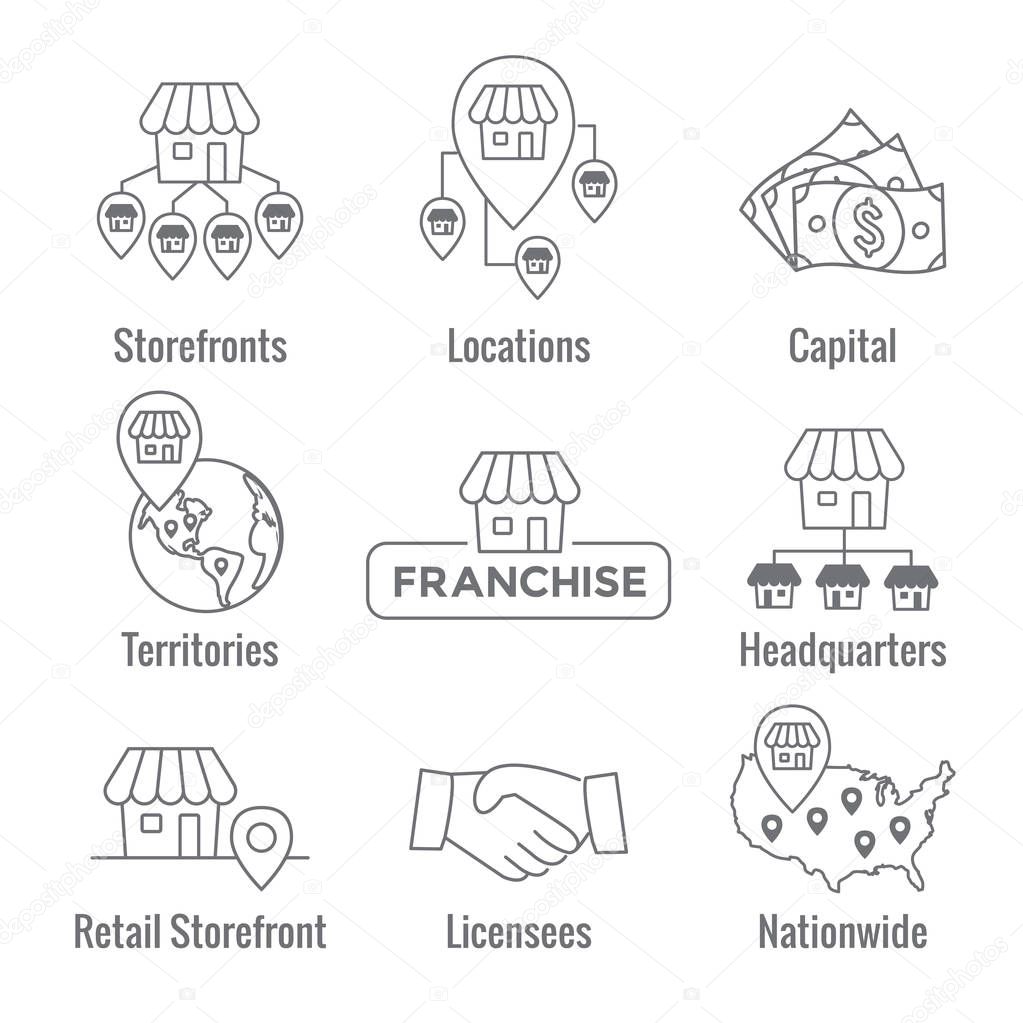 Franchise Icon Set with Home Office, corporate Headquarters - Franchisee Icon Images