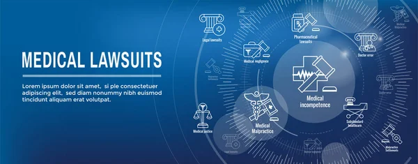 医療過誤のアイコン セットと医療訴訟 — ストックベクタ