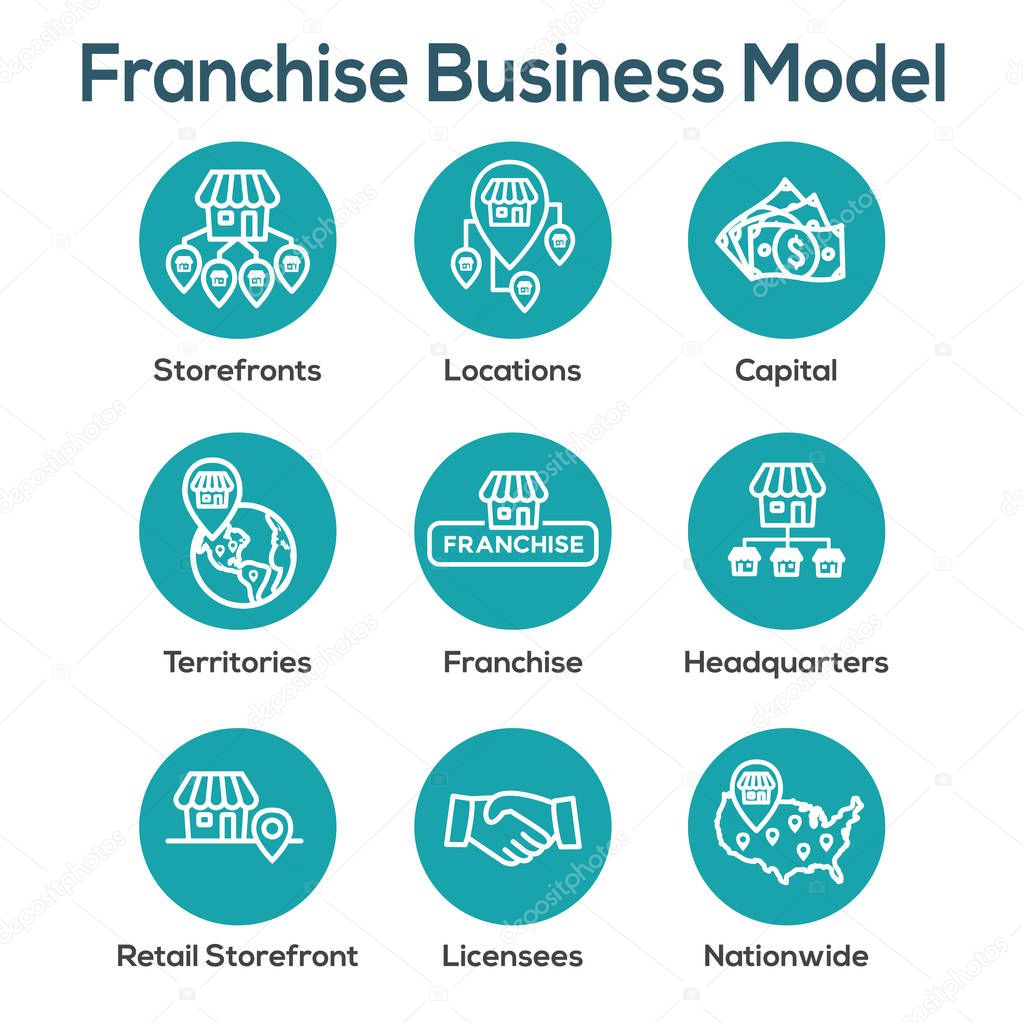 Franchise Icon Set with Home Office, corporate Headquarters - Franchisee Icon Images