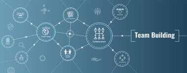 Takım oluşturma, takım çalışması ve bağlantı Icon Set w sopa rakamlar ve kesişme noktalarında Web başlık Banne