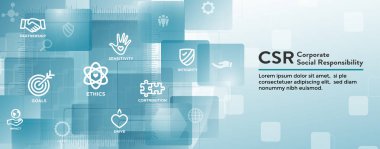 CSR-sosyal sorumluluk Web Banner simgesi ayarla ve Web Header Banner w dürüstlük, bütünlük, işbirliği, vb 