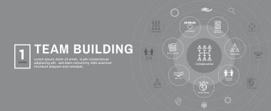Takım oluşturma, takım çalışması ve bağlantı Icon Set w sopa rakamlar ve kesişme noktalarında Web başlık Banne