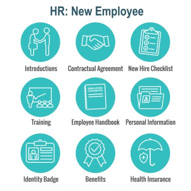 Yeni çalışan işe alma süreci simgesi Ayarla denetim listesi, el sıkışma, eğitim, vb