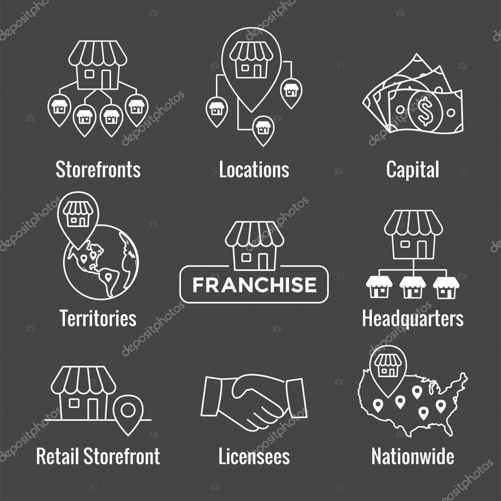 Franchise Icon Set with Home Office, corporate Headquarters - Franchisee Icon Images