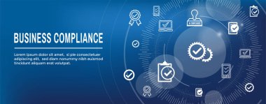 Uyumluluk web banner w Icon set - gösterir bir geçti şirket denetleme