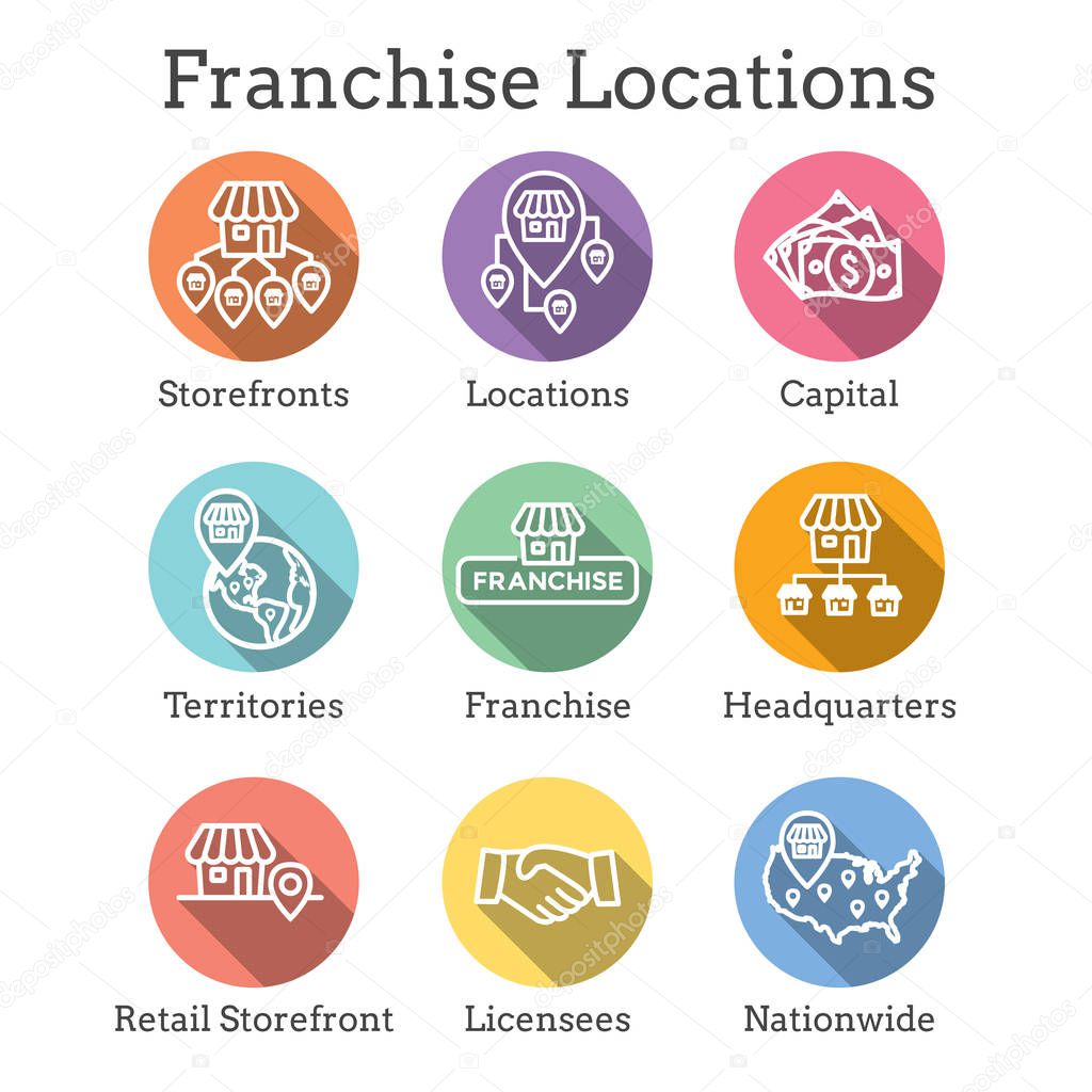 Franchise Icon Set with Home Office, corporate Headquarters - Franchisee Icon Images