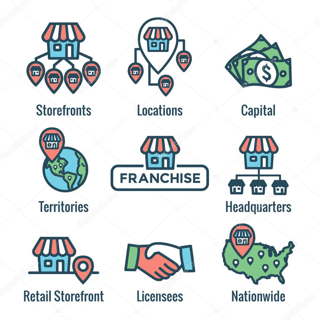 Franchise Icon Set with Home Office, corporate Headquarters - Franchisee Icon Images