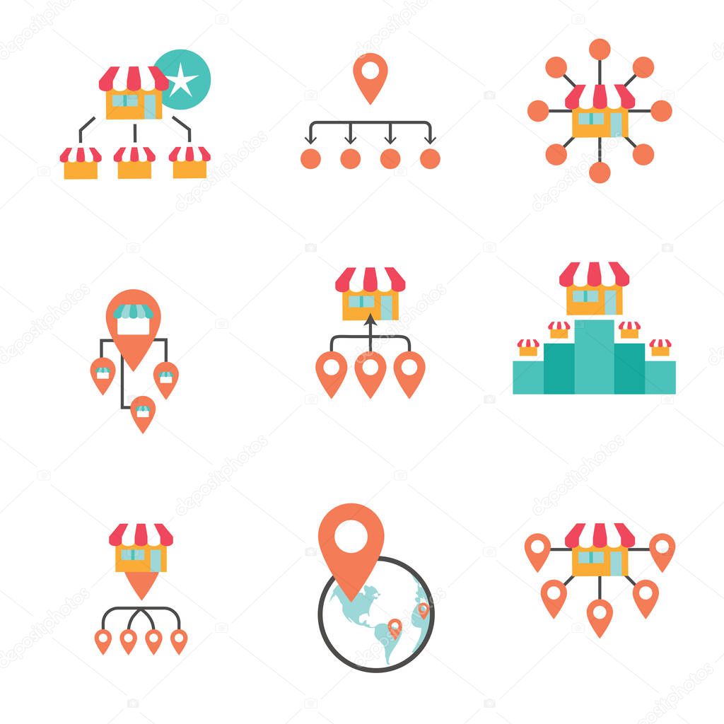 Franchise Icon Set with Home Office, corporate Headquarters - Franchisee Icon Images