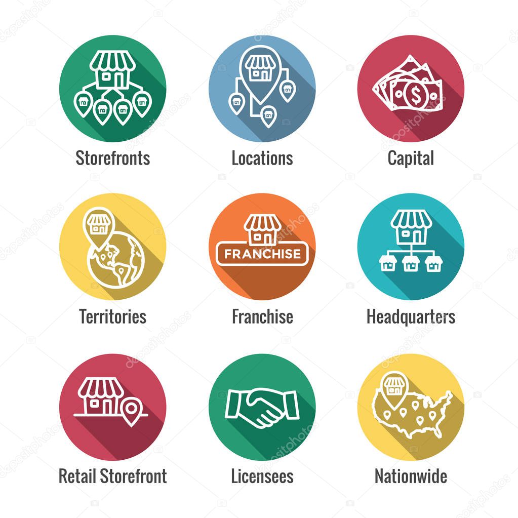 Franchise Icon Set with Home Office, corporate Headquarters - Franchisee Icon Images