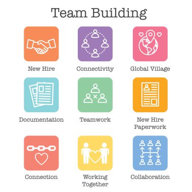 Takım oluşturma, takım çalışması ve bağlantı Icon Set w sopa rakamlar ve kesişme noktalarında