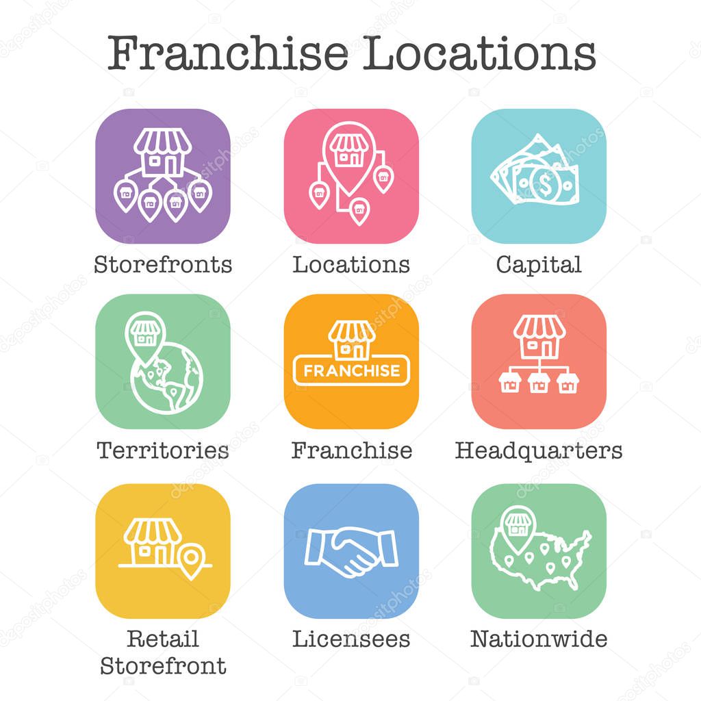 Franchise Icon Set with Home Office, corporate Headquarters - Franchisee Icon Images