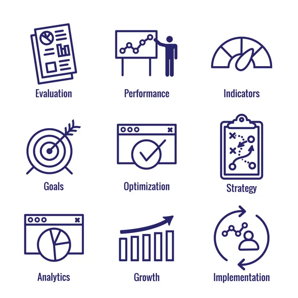 Kpi Key Performance Indicators Icon Set Evaluation Growth Strategy Etc — Stock Vector
