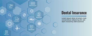 Diş sigortası Web Header Banner - anahat simgeleri, diş, primler, sigorta, kart, kimliği