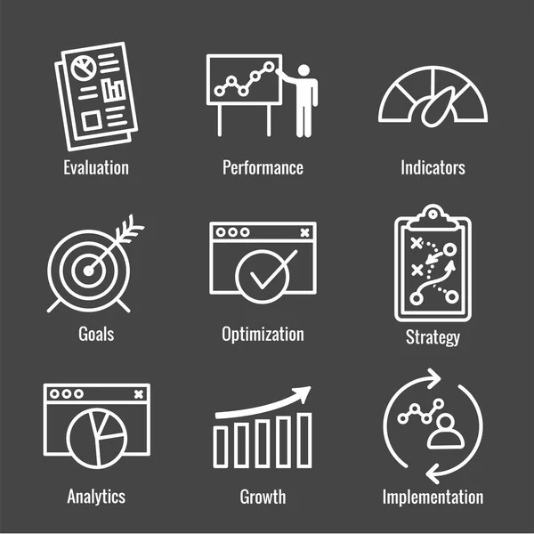 Kpi Kulcs Teljesítmény Mutatók Ikon Készlet Értékelése Növekedési Stratégia Stb — Stock Vector